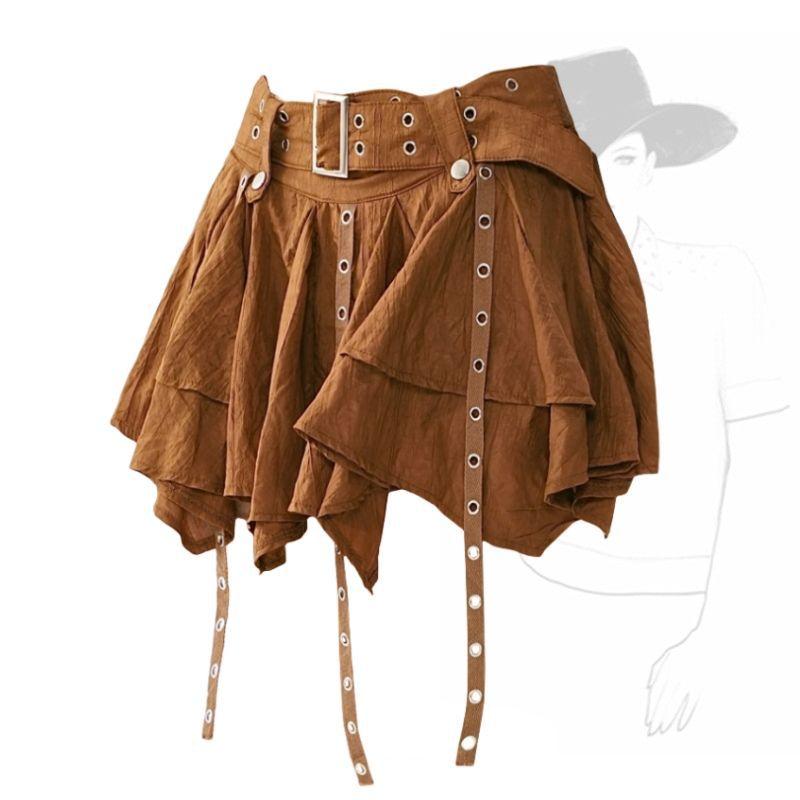 

Wasteland Style Retro Irregular Ruffle Hem Skirt For Women Spring Summer Design Sense Petite Ribbon Pleated lady Short Skirt S коричневий