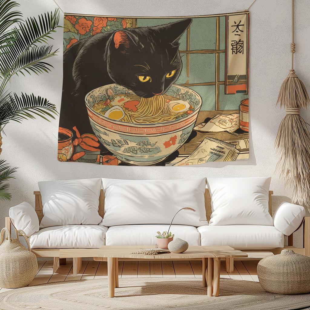 Japanisches Ukiyoe Schwarze Katze Lamian Nudeln Wandteppich Retro Hefeng Hintergrundtuch Atmosphäre Raumdekoration