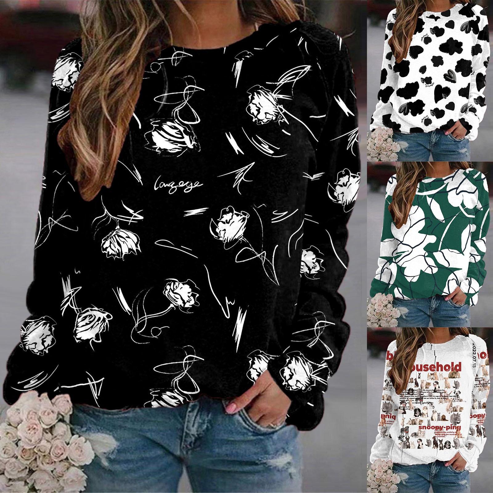 

Женский осенне-зимний базовый универсальный повседневный свободный модный топ с длинным рукавом с принтом