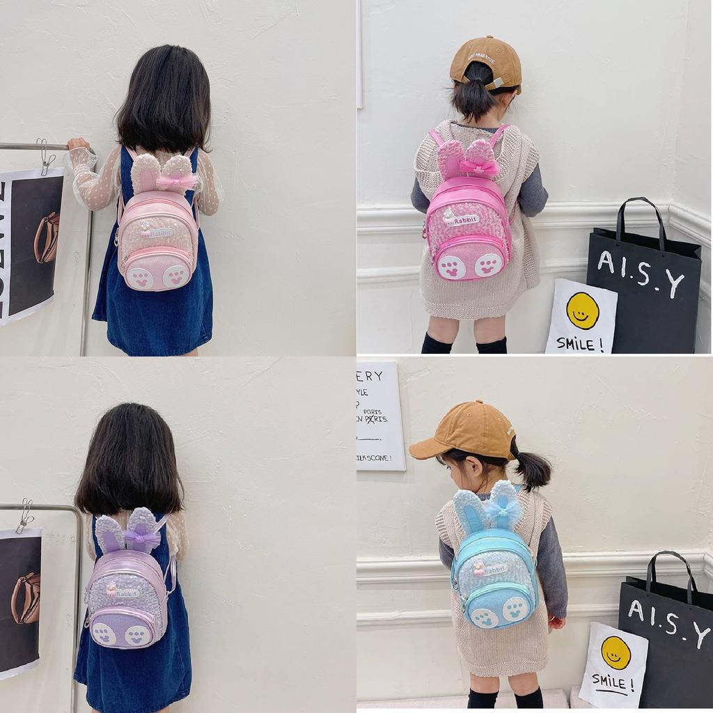 Adorable Bunny Ear Cartoon Kids Backpack Stylish Korean Design Sequin Pu Material