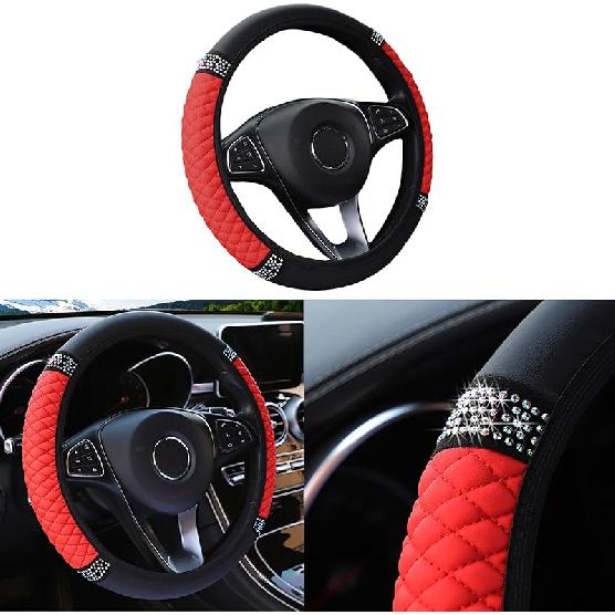 Bling Car Steering Wheel Cover, 15 Inch Rhinestones Soft Leather Elastic Steering Wheel Protector, Sparkly Crystal Diamond For Women Girls, Car