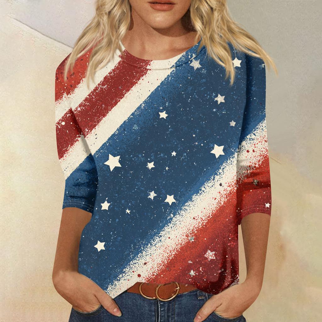 Women's Fashion Casual Seven-Sleeve Independence Day Print Round Neck Top