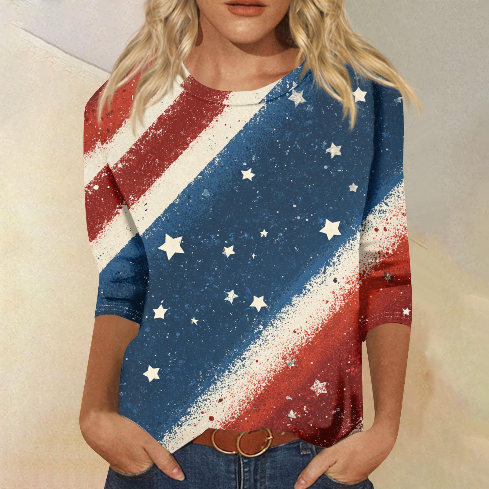 

Женская Модная Повседневная Футболка с Семирукавным Принтом на День Независимости с Круглым Вырезом L синий