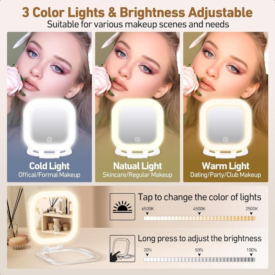 Travel Mirror with Light 1x 30x Magnifying Mirror with 3 Color Lights and Adjustable Brightn 4.5x3.9 inch Small Compact Hangabl