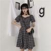 Kleider Frauen Kurzarm Schwarz Plaid Knielangen Hohe Taille A-linie Quadrat Kragen Mädchen Süße Harajuku Streetwear Sommer