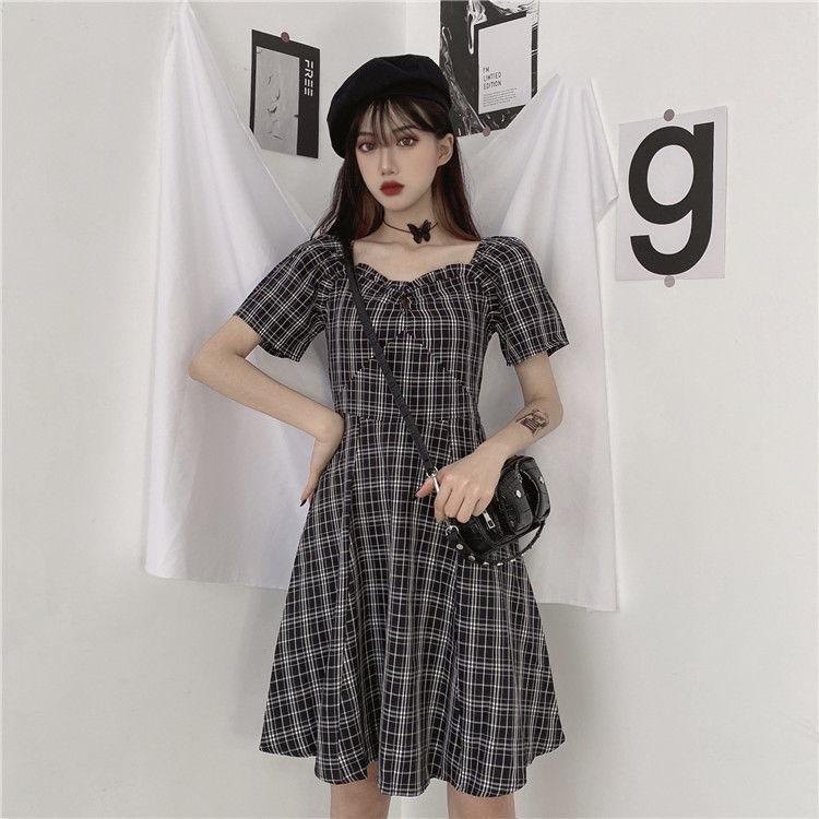Kleider Frauen Kurzarm Schwarz Plaid Knielangen Hohe Taille A-linie Quadrat Kragen Mädchen Süße Harajuku Streetwear Sommer