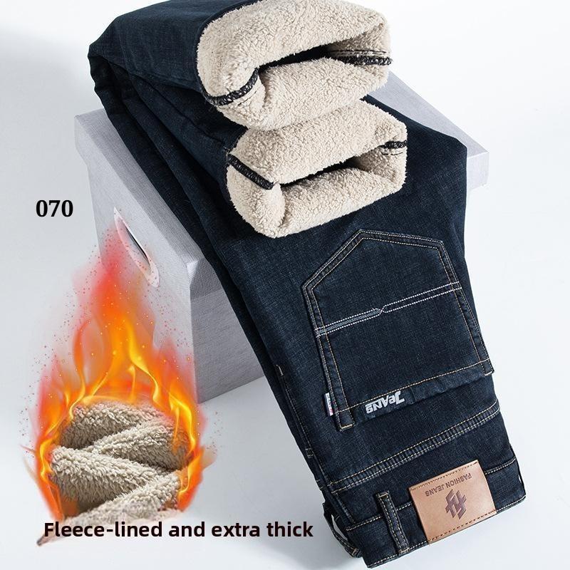 Зимові прямі джинсові штани Lamb Fluff Чоловіки Потовщені Джинси великого розміру 40 з високою талією Стрейч Джинси на флісовій підкладці Теплі тонкі