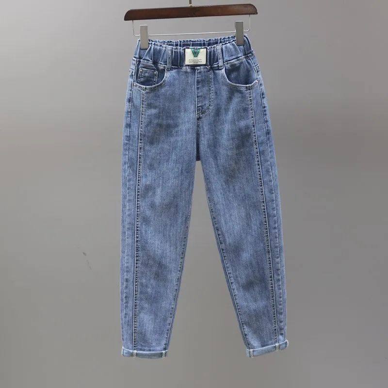 Женские джинсы с эластичной талией, брюки харены с высокой посадкой, эластичные джинсы прямого кроя M