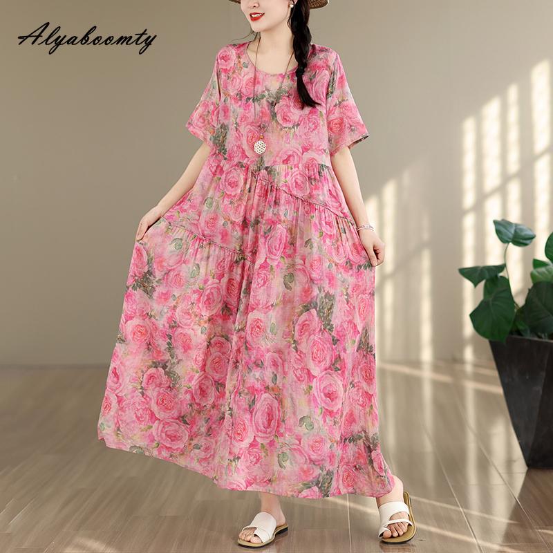 Prairie Chic Plus Size Summer Women Vintage Dress O Neck Pink Floral Print Oversized Gown Retro Short Sleeve Cotton Baggy Dress