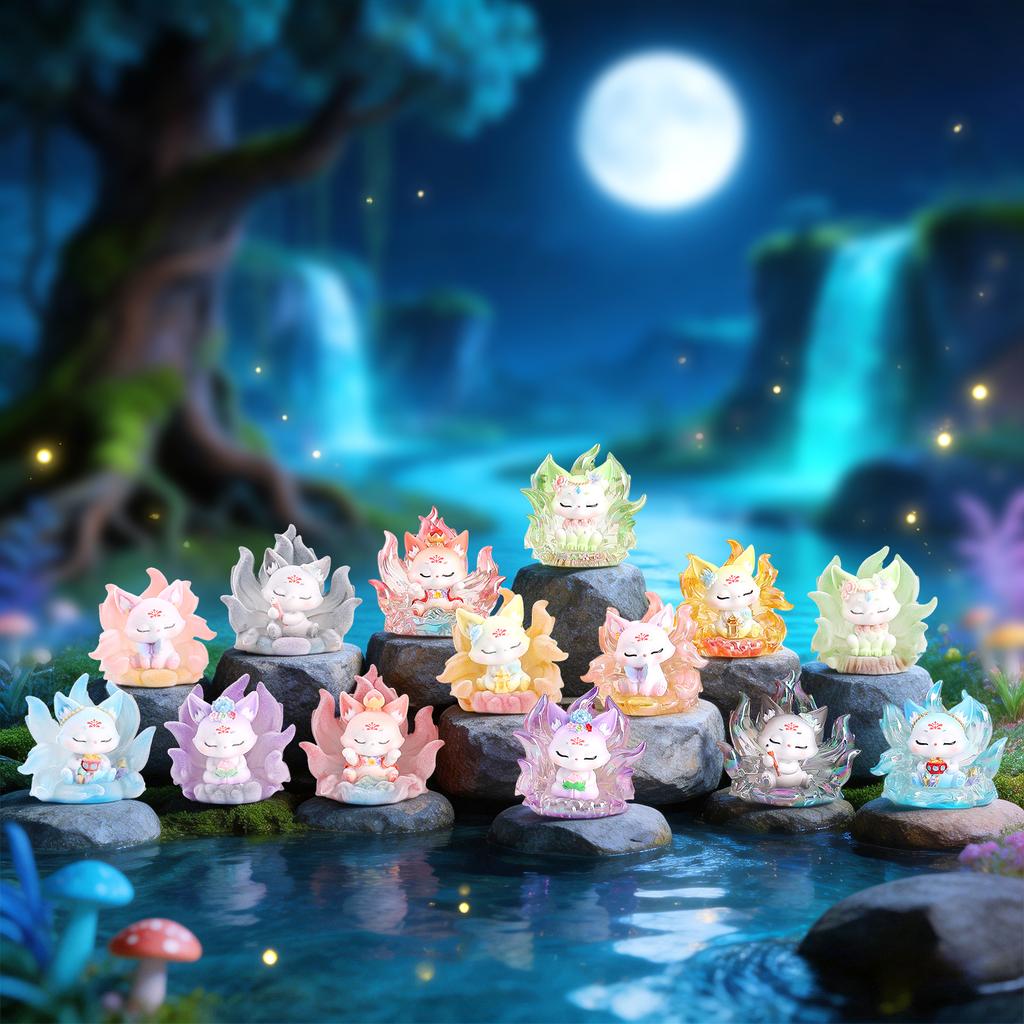 Neunschwanzfuchs Harzfiguren Chinesischer Stil Niedliche Blindbox Schreibtischdekoration Auto Mittelkonsolen-Ornament Geschenk Für Sammler