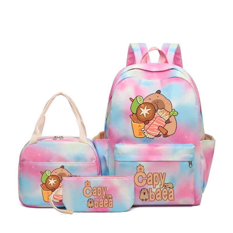 Capybara Cartoon Kids School Backpack Set With Pencil Case Lunch Bag - Large Capacity Breathable Waterproof Oxford Fabric
