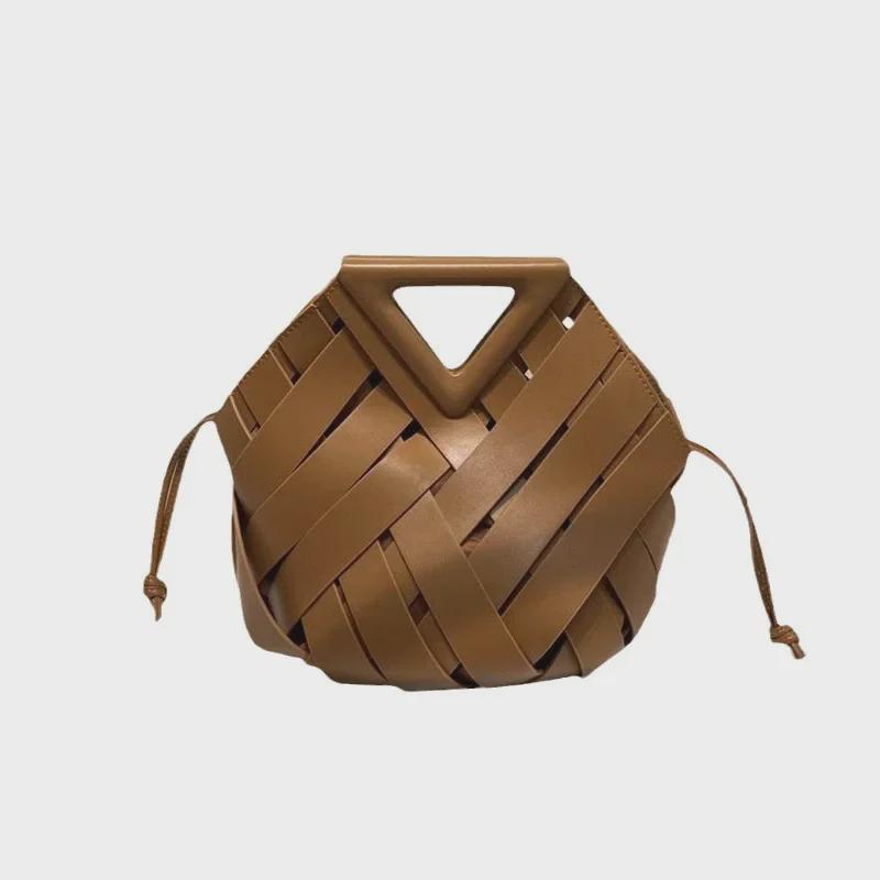 Women's Genuine Leather Woven Shoulder Bag with Magnetic Buckle