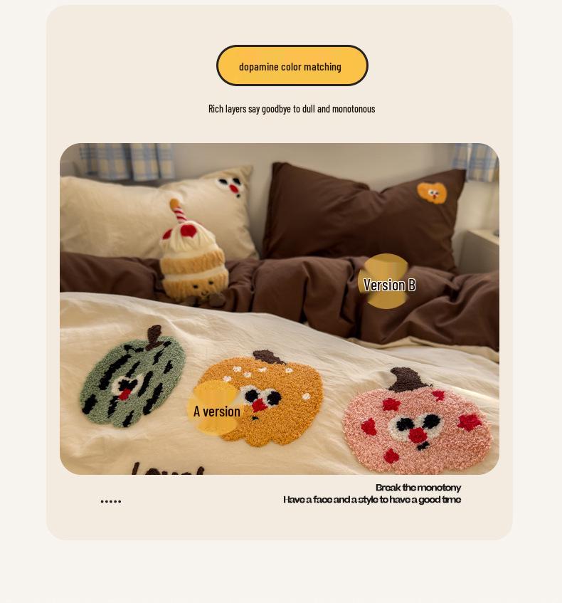 Cartoon Embroidered Cotton Terry Bedding Set - Skin-Friendly, Washable, 4-Piece Set with Bed Sheet and Duvet Cover (Student Size)