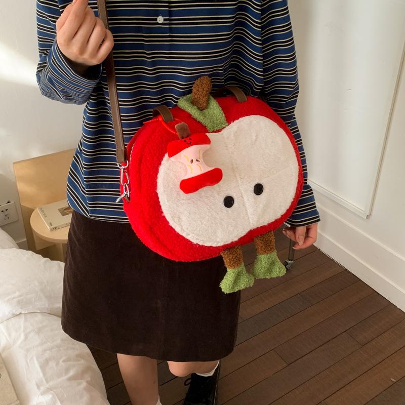 Kawaii Plush Apple Bag For Women Cute Cartoon Red Handbag Large Capacity Furry Tote Bag Multifunctional Crossbody Shoulder Bag