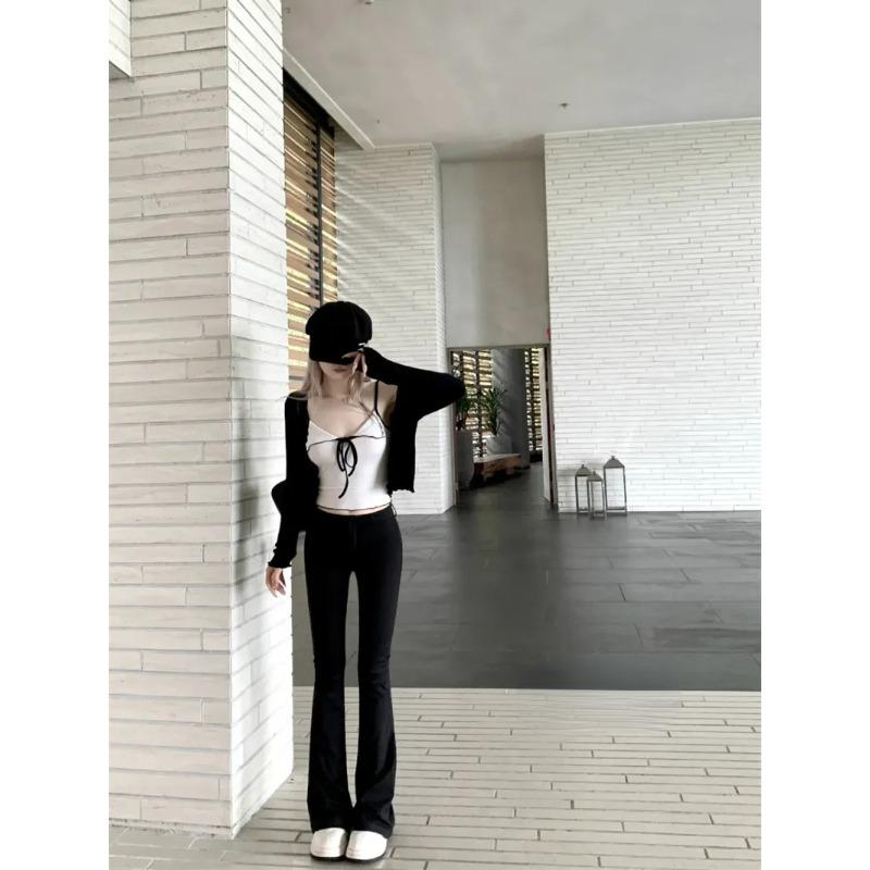 Vintage Sexy Bow Lace 2 Piece Set Women Summer New Design Chic Slim Suit Female Fashion Black Knitted Cardigan+Solid Strap Tops