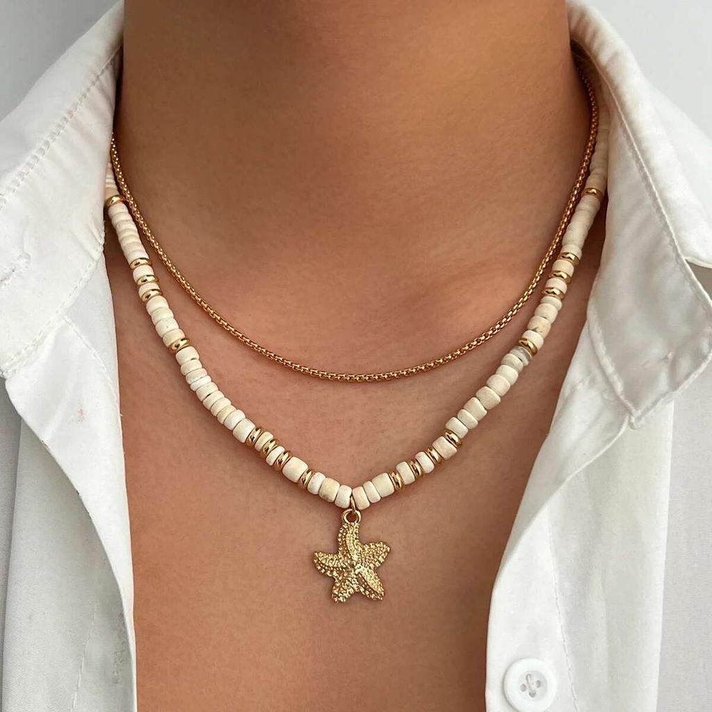 SHIXIN 2Pcs/Set Coconut Husk Wood Beads Chain Choker Necklace for Men Bohemian Sun Conch Starfish Pendant Necklace Male Jewelry