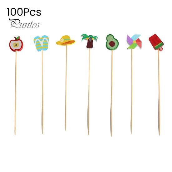 Natural Bamboo Skewers 100PCS Disposable Cocktails Picks, Stick, with Beach Fruits Eco-friendly Food Tags Palm Trees Decoration, Fruit Picks