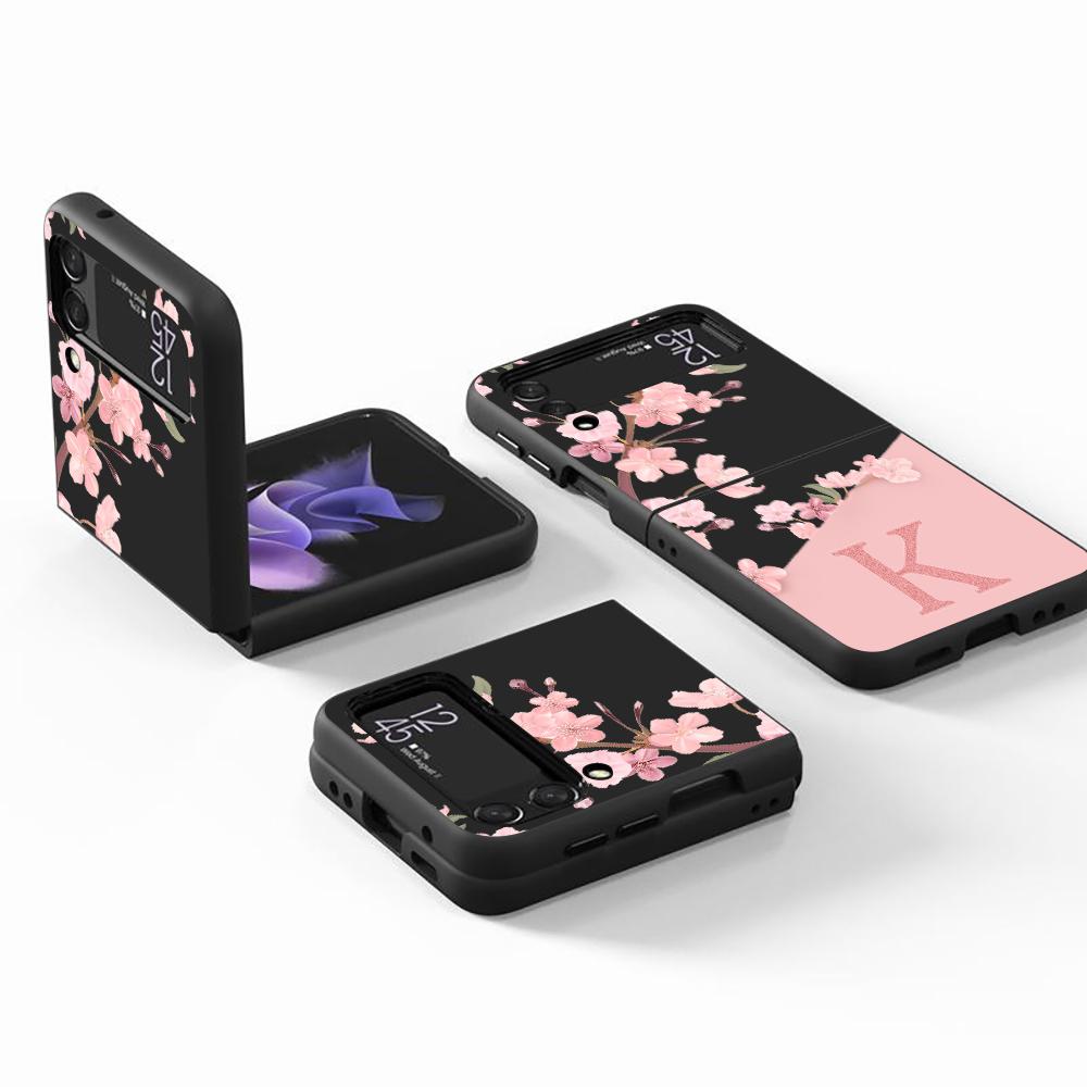 Case for Samsung Galaxy Z Flip4 Flip3 5G Black Phone Coque Z Flip 4 3 Hard PC Luxury Cover Zflip3 Cherry Blossom Pink Letter