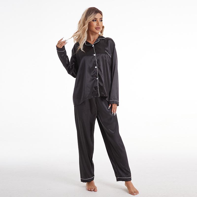 Women's Plus Size Satin Lapel Pajama Set - Long Sleeve & Pants
