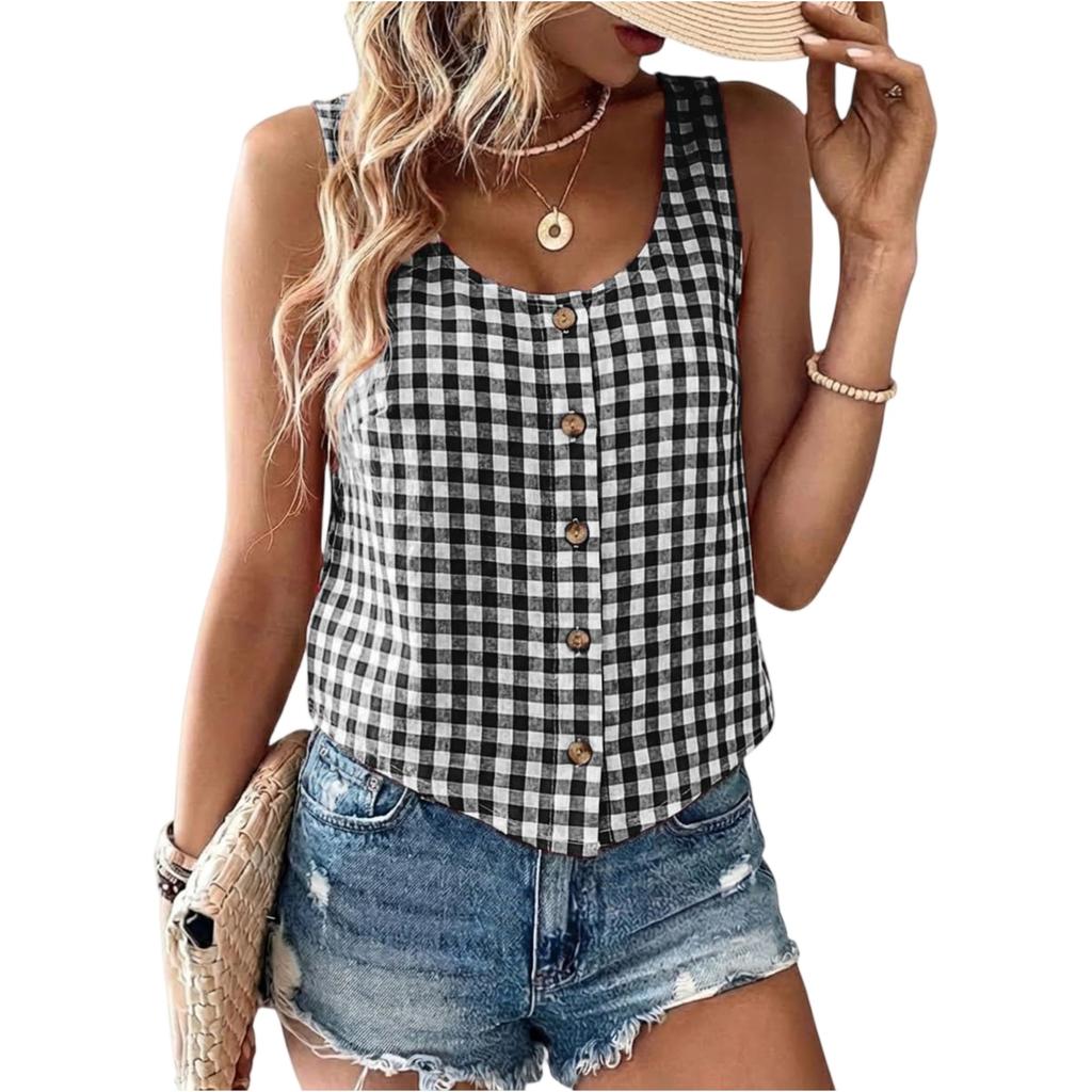 Women Sleeveless Button Down Tank Top Casual Loose Fit Summer Blouse with Scoop Neck for Daily Wear
