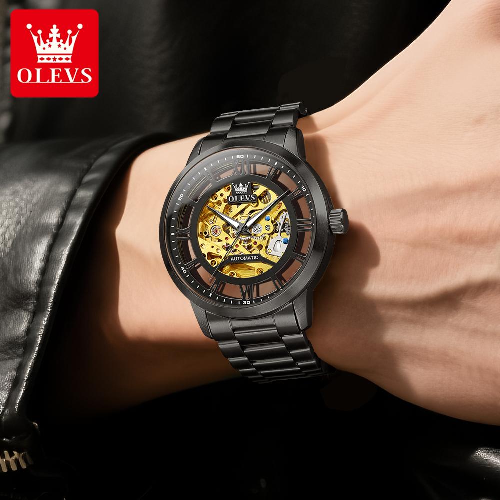 OLEVS Mens Watch Skeleton Automatic Mechanical Watch Stainless Steel Luminous Watches For Man Original Luxury Business Gifts