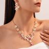 Romantic Pink Flower Water Drop Rhinestone Jewelry Set Alloy Crystal Necklace Earrings Bridal Banquet Accessories
