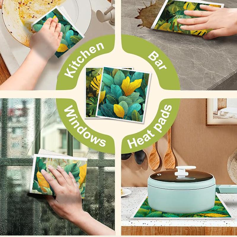 6PCS Green Leaves Printed Swedish Dishcloths Eco-Friendly Kitchen Rags Absorbent Dish Towels Reusable Washable Cleaning Cloths