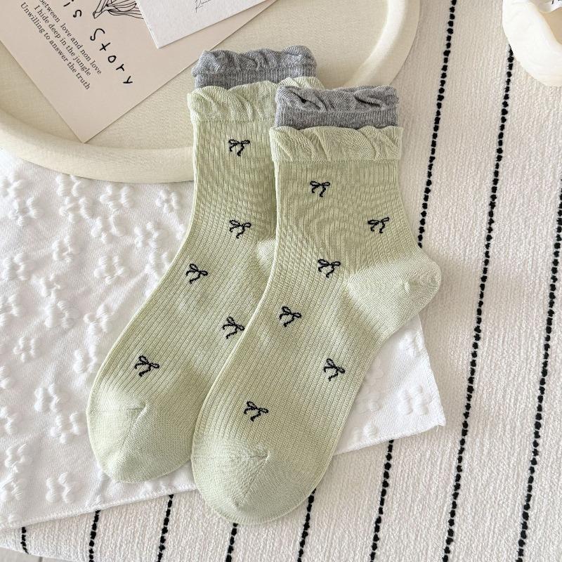 

Children s Spring/Summer Bowknot Mid-Calf Cotton Breathable Lace Women s Stockinged Double Edged Socks 1 pair зелений