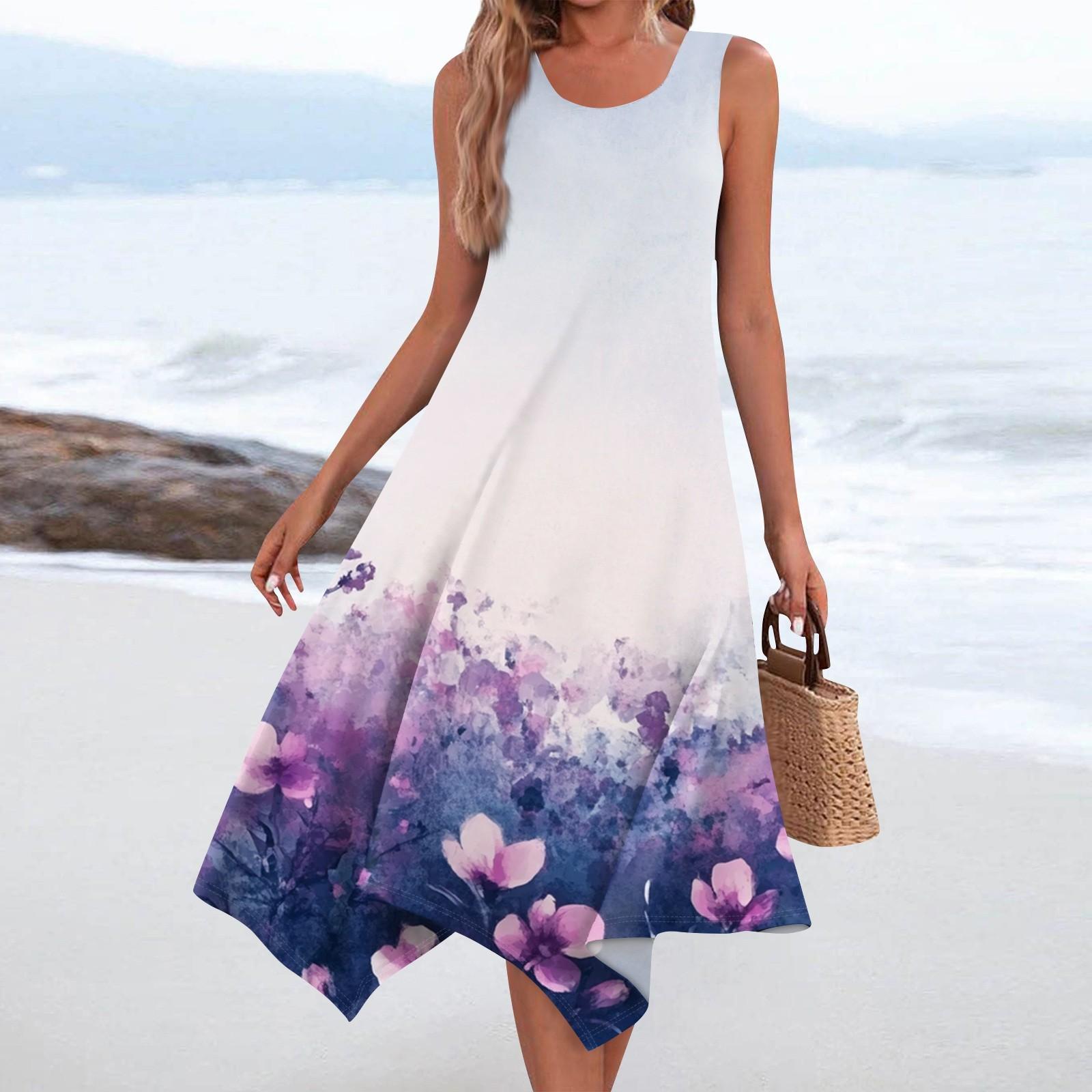 

Женское повседневное модное платье средней длины с круглым вырезом без рукавов с винтажным цветочным принтом и неровным подолом XL