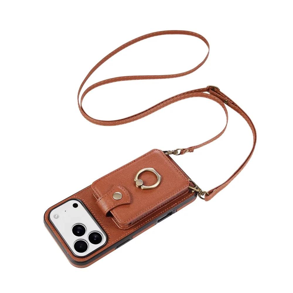 

RFID Blocking Crossbody Wallet Card Holder Ring Case for iPhone 17 Air 16 E 15 14 13 11 Pro Max Plus 12 Mini 16E i17 Phone Cover iPhone 13 коричневий
