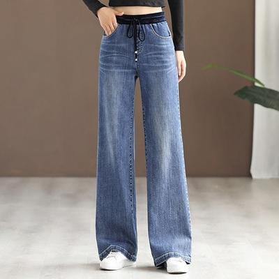 Jeans casual a gamba larga da donna patchwork a vita alta vintage larghi Vaqueros pantaloni in denim primaverile con lacci dritti