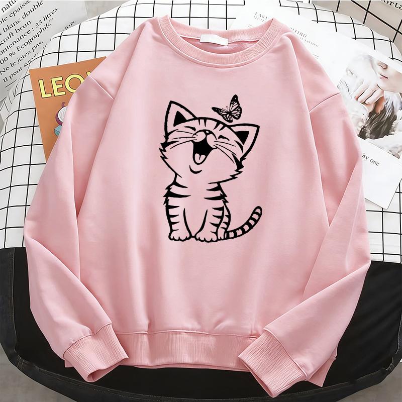 Hanorac Drăguț cu Pisică și Imprimeu cu Fluture Retro Pisică pentru Femei Hanorac Călduros din Fleece Pulover cu Gât Rotund Moale Haine Casual Femeie