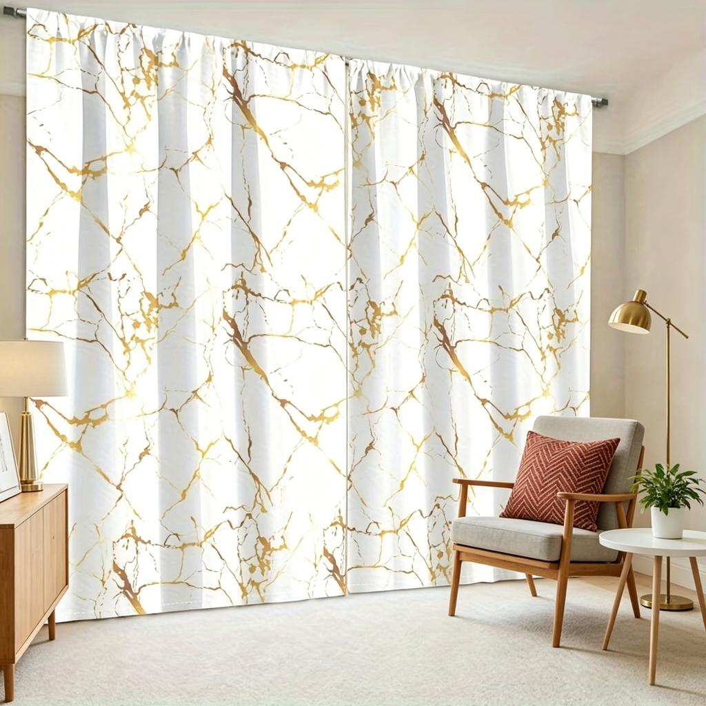 2 Pieces of Light Luxury White Gold Marble-Patterned Curtains, Modern Minimalist Blackout Curtains for Living Room and Bedroom