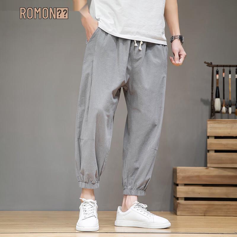 ROMON Men's Pure Cotton Drawstring Casual Cropped Pants