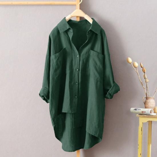 Women Oversized Long Linen Shirt Lapel Pocket Button Down Loose Casual Long Tunic Blouse