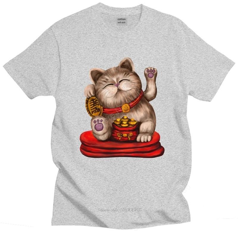 Kawaii Unisex Cute Unisexeki Neko T Shirt Short Sleeved Cotton Graphic Tshirt Leisure Tshirt Lucky Fortune Cat Tee Loose Fit Clothing