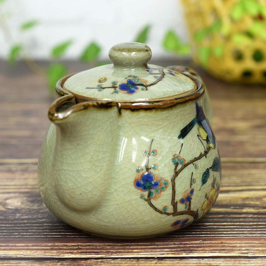 Kutani ware teapot with flower and bird design and net, AK4-0572