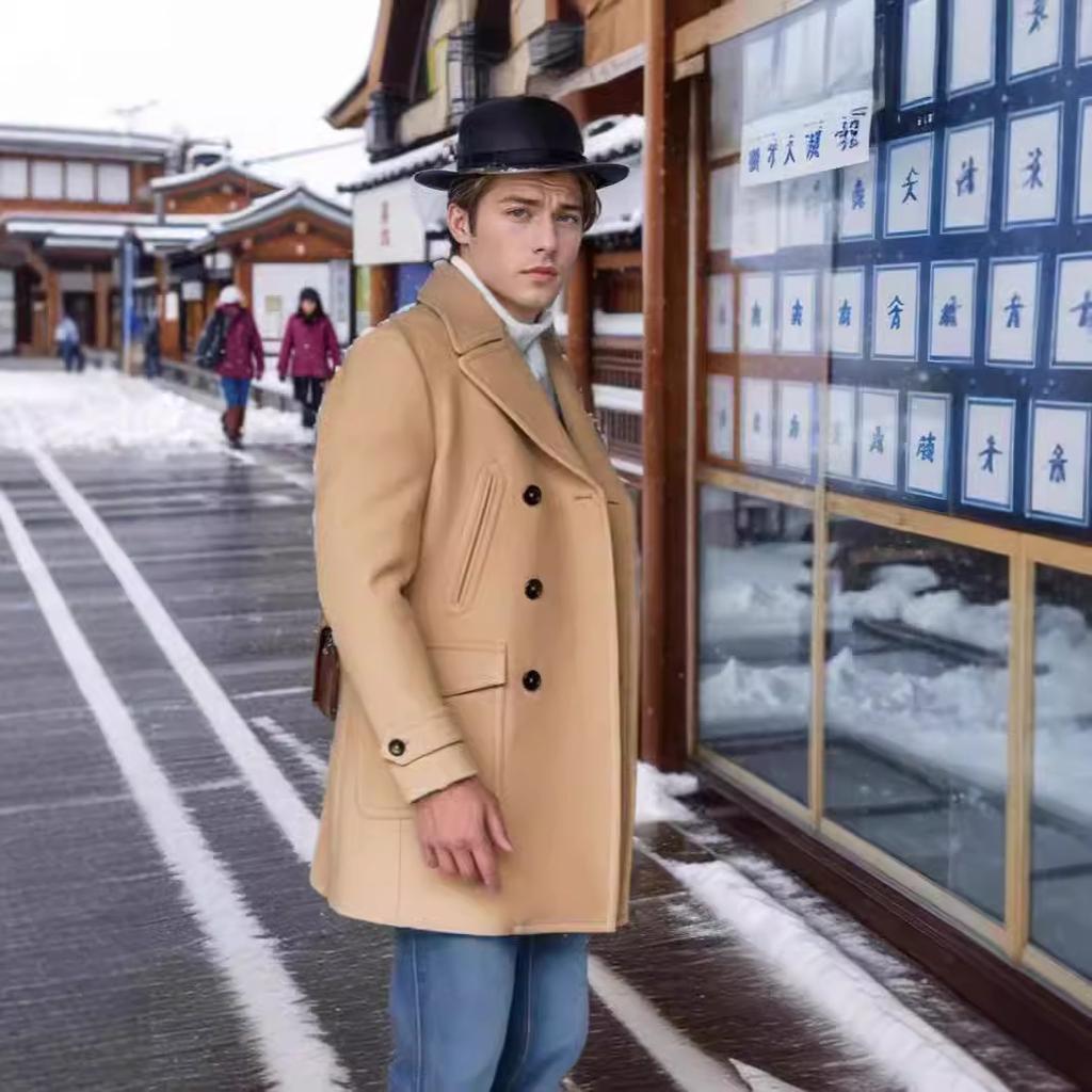 Men's Clothing British Mid to Long Length Long Sleeved Woolen Coat Jacket