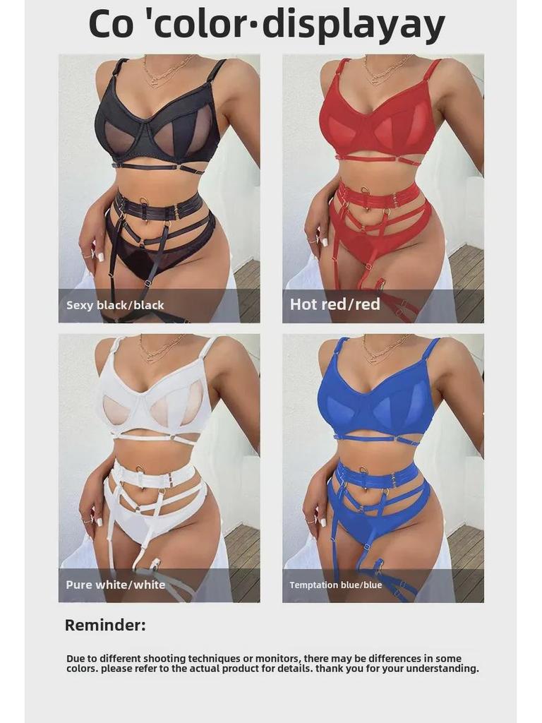 2023 Lace Leather Lingerie Set - Sexy Solid Color Bra and Panty