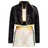Kids Demon Singer Leader 3 Piece Dance Set Sequins Jacket Crop Top with Shorts Stage Performance Outfit