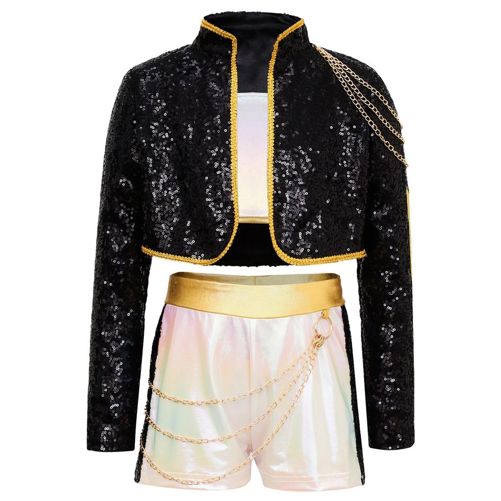 Kids Demon Singer Leader 3 Piece Dance Set Sequins Jacket Crop Top with Shorts Stage Performance Outfit