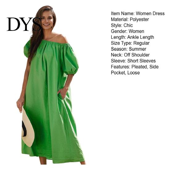 Puff Sleeve Midi Dress Women Off Shoulder Short Bubble Elastic Cuff Pleated Loose Solid Color Side Pockets Vacation Beach