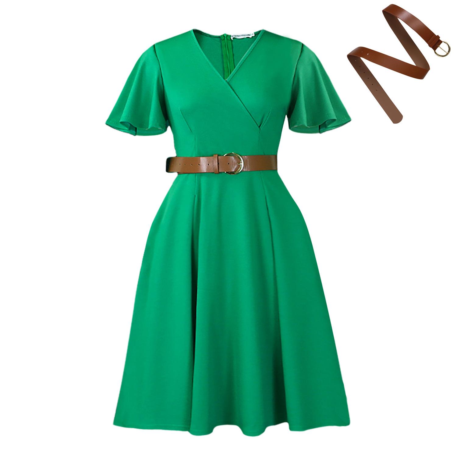 Women Casual Summer V Neck Flare Sleeve High Waist A Line Midi Dress S