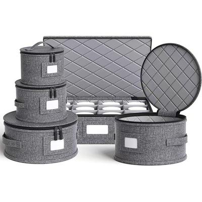 Round Dinner Plate Storage Box with Lid - Dustproof Fabric Bin with Needle-Punched Cotton