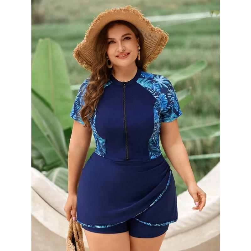 New European and American Printed Split Swimsuit Women's Short-sleeved Zipper Conservative Tankini Swimsuit Plus Size Swimsuit