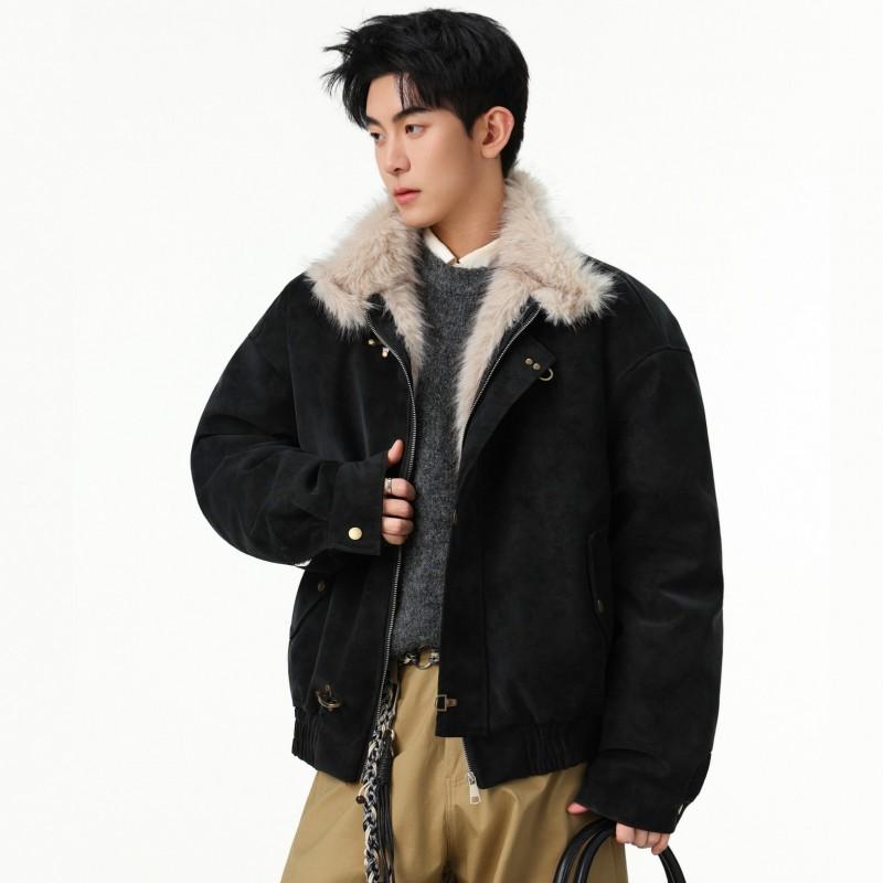 Mens Winter Fleece Lined PU Cotton Jacket Stand Collar Warm Casual Coat