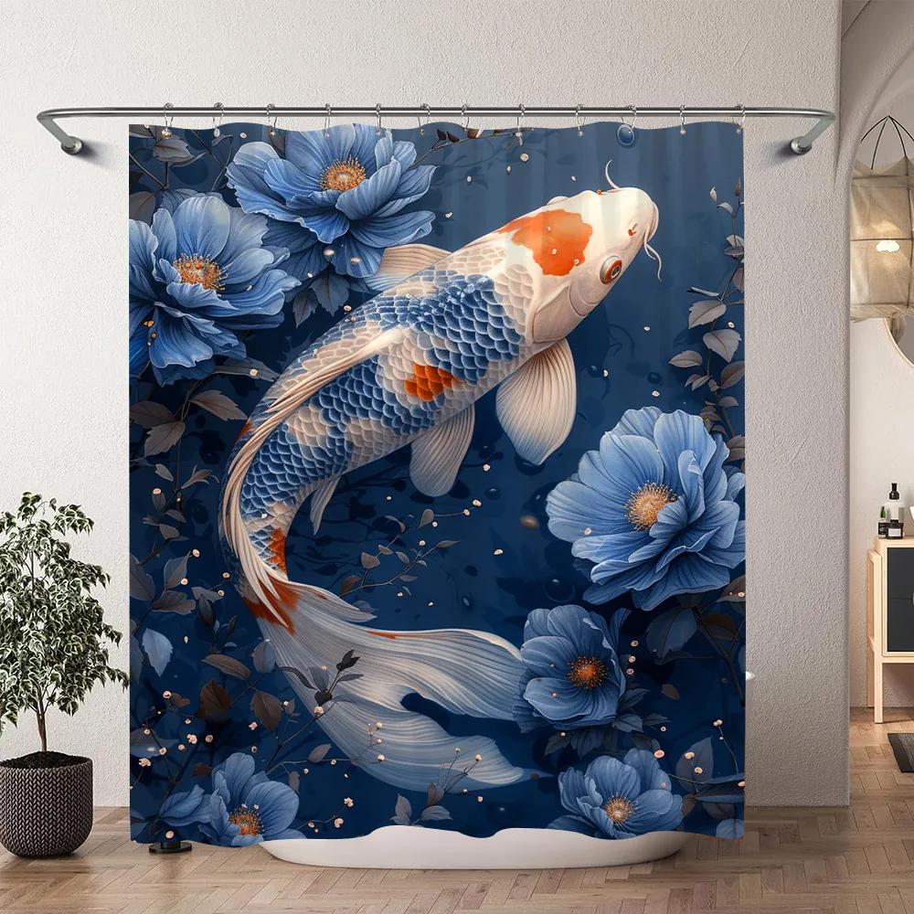 Chinese Japanese Koi Ink Painting Shower Curtain Red Cherry Blossom Wave Fish Watercolour Painting Bath Curtains Bathroom Decor