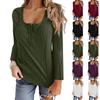 Damen Casual Mode U-Ausschnitt Knopf Einfarbig Langarm Oberteil