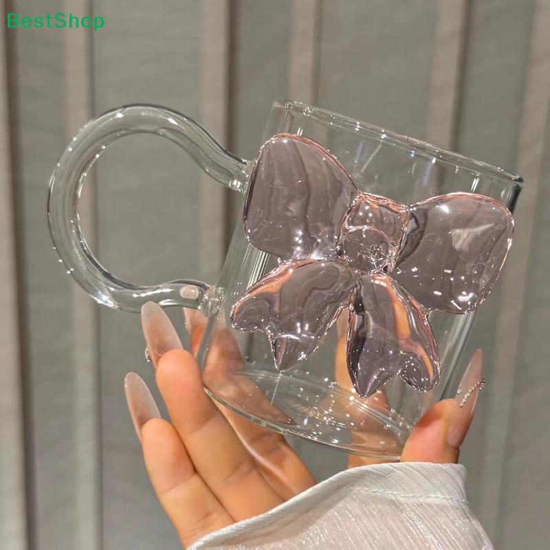 Pink Large Bow Glass Decor Glass Cup Bow Handle Glasses Heat-resistant High Borosilicate Dessert Ice Cream Bowl Party Favours