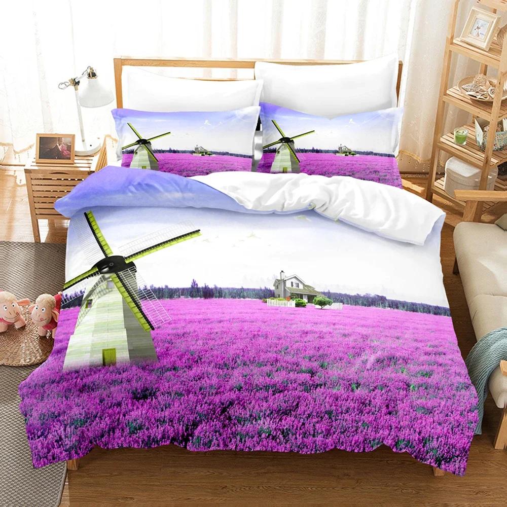 Lavender Beding Soft Duvet Cover +pilowcases Pastoral Vilage Purple/ Field Warm Comforter Cover Sets 2/3 Pcs Microfiber Bed Linen Set King